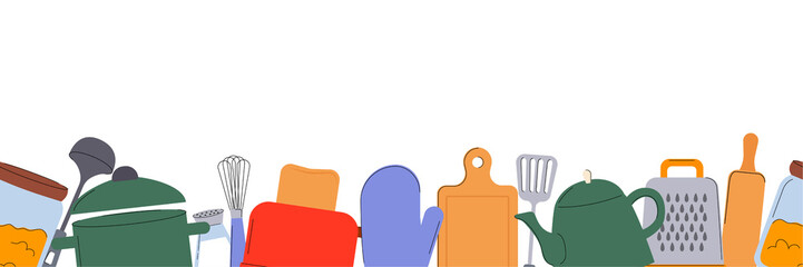 Obraz premium Kitchen Tools border. Utensils vector flat Illustration.