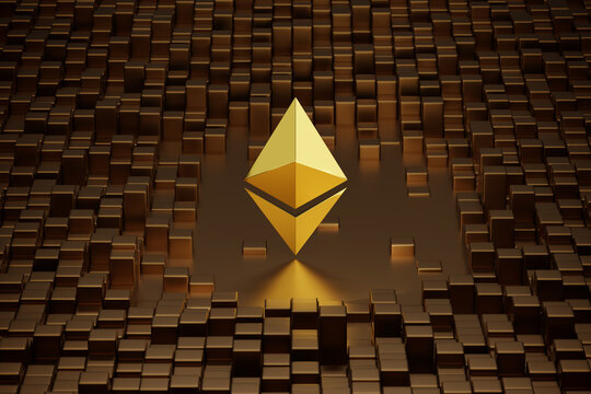 Golden Ethereum symbol surrounded by metallic cubes. 3d illustration.