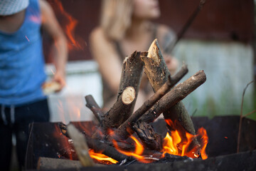 Fototapeta premium Branches burn in fire. Picnic details. Coal harvesting. Simple background of outdoor recreation. Tree burns against background of people.