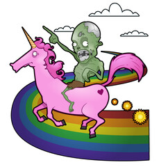 Zombie Riding a Unicorn over a Rainbow