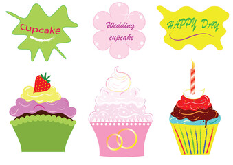 Set cupcake, sweets for celebrations, wedding cake, birthday cake and pastry cupcakes. Cute collection of cupcakes variations with outlined labels, objects isolated, vector and jpg.