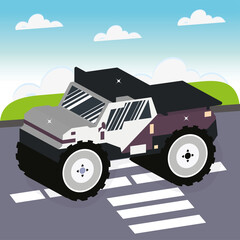 Isolated 3d monster truck down the street Vector © Rosustock