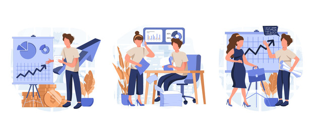 Obraz na płótnie Canvas Business activities concept isolated person situations. Collection of scenes with people perform tasks, analyze data, develop project, success strategy. Vector illustration in flat design