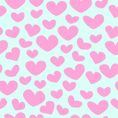 Pastel seamless pink heart pattern on blue background. Ink illustration.