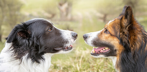 Portrait of two border collie dogs in different colors looking at eatch other