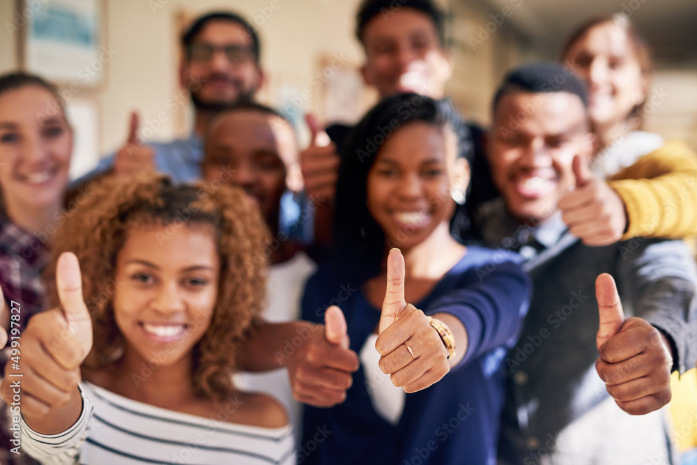 Aufkleber if we can do it, so can you. portrait of a diverse group of students showing thumbs up at campus.