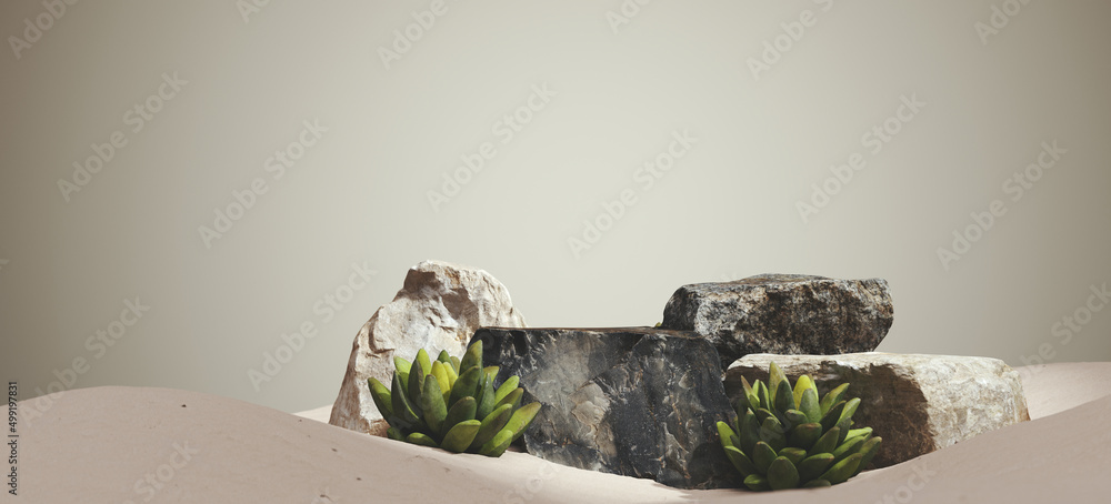 Poster minimal mockup background for product presentation. stone podium with white sand on beige background