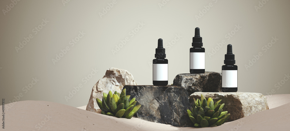 Poster minimal mockup background for product presentation. stone podium with white sand on beige background