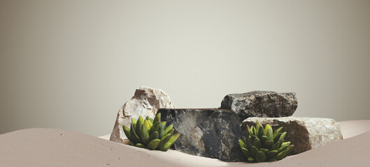 Minimal mockup background for product presentation. Stone podium with white sand on beige background. 3d rendering illustration. Clipping path of each element included.