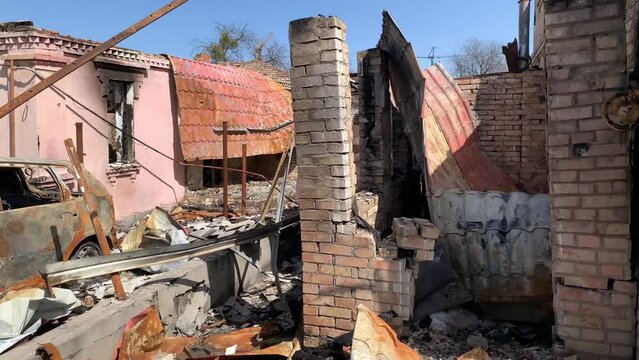 Bucha, kyiv, Ukraine 01.04.2022: Irpin, Bucha, Dmitrivka. Atrocities of the russian army in the suburbs of Kyiv. Irpin. Houses of civilians destroyed by russian tanks. russia's war against Ukraine