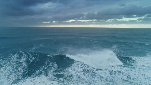 Aerial view on big waves of Atlantic ocean at storm, 4k