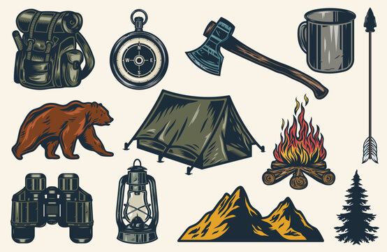 Vintage camping and outdoor adventure elements - a set of different types of camping equipment inclu