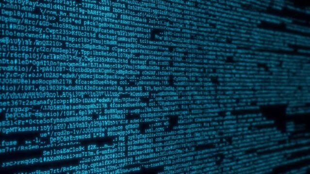 Searching Process in Big Data Array on The Screen Blue Big Data programming code on laptop. Web site codes on computer monitor. Technology background. Software background. Programmer workplace.