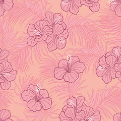 Hibiscus flowers and leaves seamless pattern background. Tropical nature wrapping paper or textile design. Beautiful print with hand-drawn exotic flower.