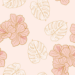 Hibiscus flowers and leaves seamless pattern background. Tropical nature wrapping paper or textile design. Beautiful print with hand-drawn exotic flower.