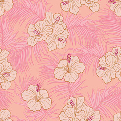 Hibiscus flowers and leaves seamless pattern background. Tropical nature wrapping paper or textile design. Beautiful print with hand-drawn exotic flower.