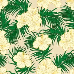 Foto op Plexiglas Hibiscus flowers and leaves seamless pattern background. Tropical nature wrapping paper or textile design. Beautiful print with hand-drawn exotic flower. © Carrie