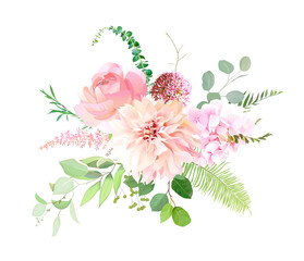 Pink garden roses, ranunculus, peony, allium, dahlia flowers vector design bouquet.