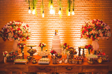 table with decoration and wedding cake