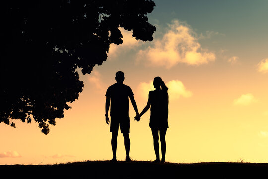 Young couple holding hands at sunset  