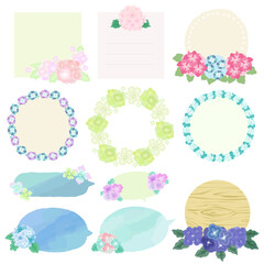 〘ベクター〙紫陽花のフレーム・吹き出し・飾り・付箋・カードのイラストセット