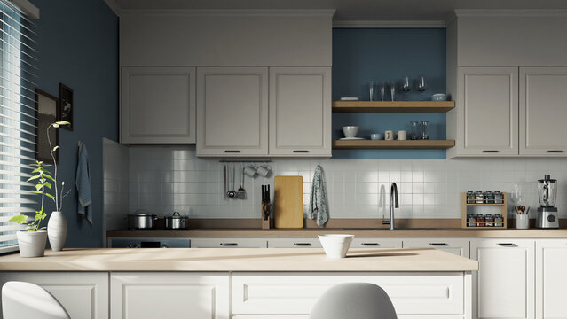 White Color Kitchen Interior, 3d Rendering