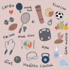 Healthy diet lifestyle and fitness collection with sport equipments