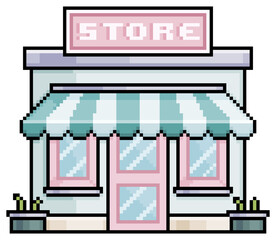 Pixel art shop store front with awning vector build for 8bit game on white background