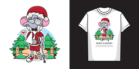 Cartoon Character of Cute Elephant Santa Claus with a Gesture of Fractured Arm and Leg and T-Shirt Mockup Design