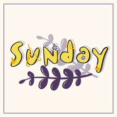 Sunday hand written lettering with purple leaf ornament and pink background