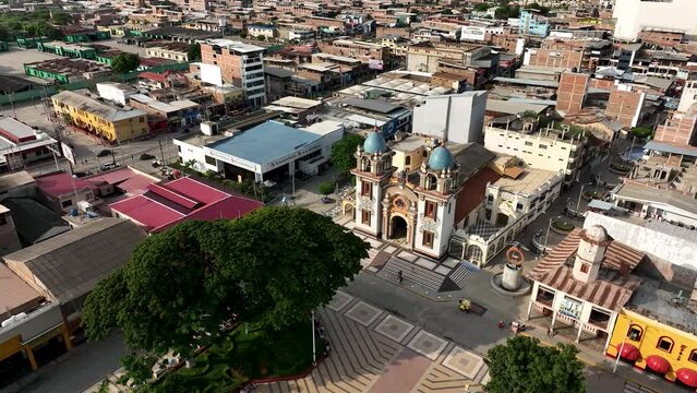 Aerial shot of Main church of the city of Tumbes, in the north of Peru.