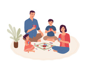 Happy Family With Two Children Playing Board Games Together At Home.