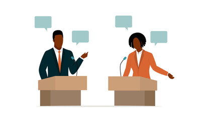 Black Man And Woman Politician Standing At A Podium Debating. - obrazy, fototapety, plakaty