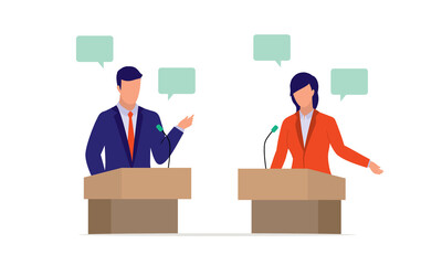 Man And Woman Politician Standing At A Podium Debating. - obrazy, fototapety, plakaty