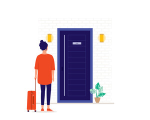 Young Woman With Luggage Arriving At The Hotel Room.