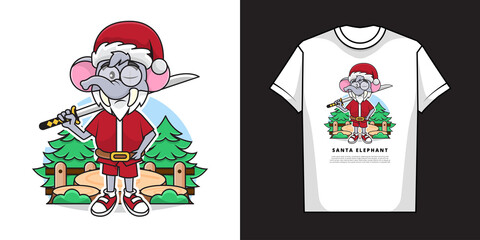 Illustration Vector Graphic of Adorable Elephant Wearing Santa Claus Costume While Holding Katana Sword with T-Shirt Mockup Design