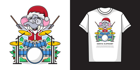 Illustration Vector Graphic of Adorable Elephant Wearing Santa Claus Costume While Playing the Drums with T-Shirt Mockup Design
