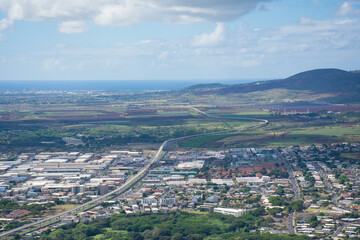 Aerial view of the Honolulu Rail transit lane running from the West side of Kapolei through Pearl City and Waipahu on Oahu, Hawaii