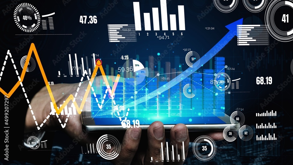 Poster double exposure image of business and finance conceptual - businessman with report chart up forward 
