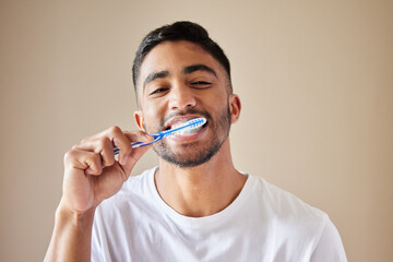 Getting my smile ready. Studio shot of a handsome young man brushing his teeth against a studio background. - Powered by Adobe