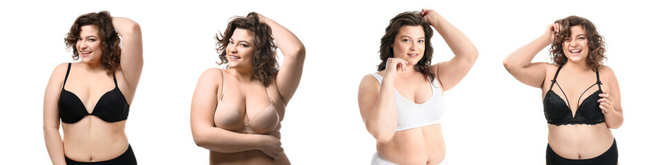 Set of  plus size woman in different underwear on white background