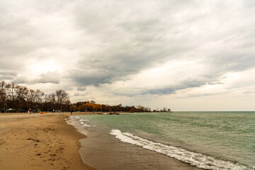 Rain clouds over the Toronto Beaches on a spring day.  Room for text.  NB: this is a Blue Flag Beach