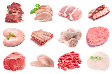Set of different raw meat isolated on white
