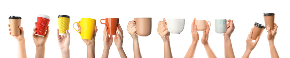 Many hands with different cups of coffee isolated on white