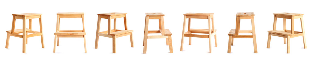 Wooden step stool on white background