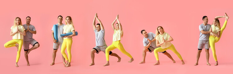 Set of sporty couple practicing yoga on pink background