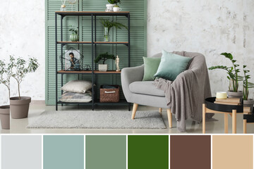 Interior of modern room with armchair and folding screen. Different color samples