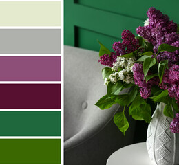 Vase with lilac flowers on table in room. Different color samples