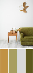 Interior of modern room with sofa and table. Different color samples