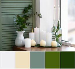 Burning candles and vase with floral decor on window sill. Different color samples